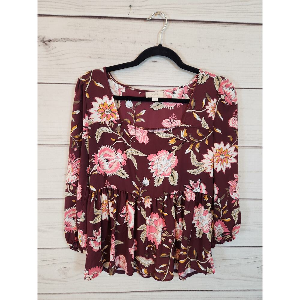 Loft Women's Burgundy Floral Rayon Puff Sleeve Ruffle Square Neck Blouse Size S